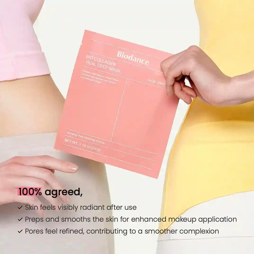 Person holding a pink sheet mask with text about its benefits on a white background