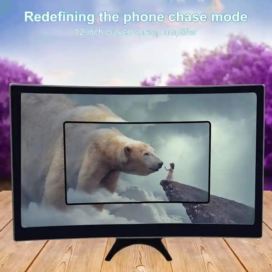 12-inch curved screen amplifier displaying a polar bear and person scene with text 'Redefining the phone chase mode'.