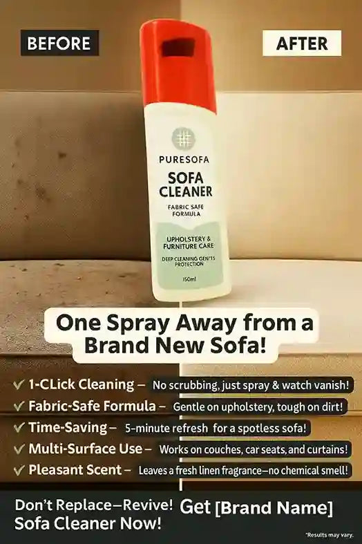 Puresofa sofa cleaner bottle with 'Before' and 'After' text on a wooden surface.