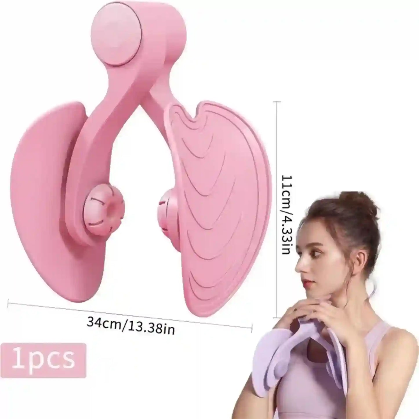 Pink neck massager with measurements and a woman wearing it on a white background