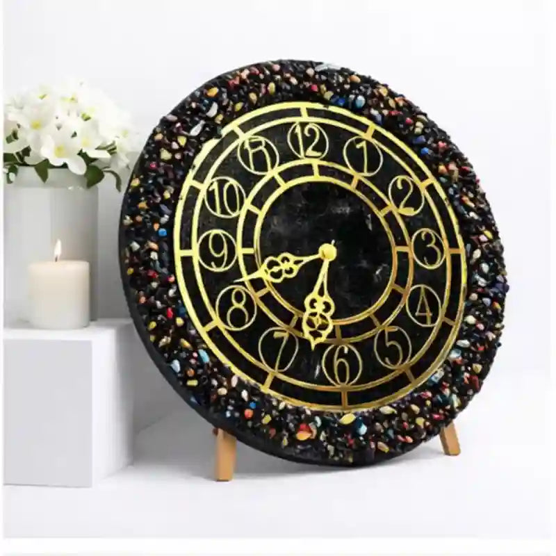 Decorative clock with multicolored stone design on a white background