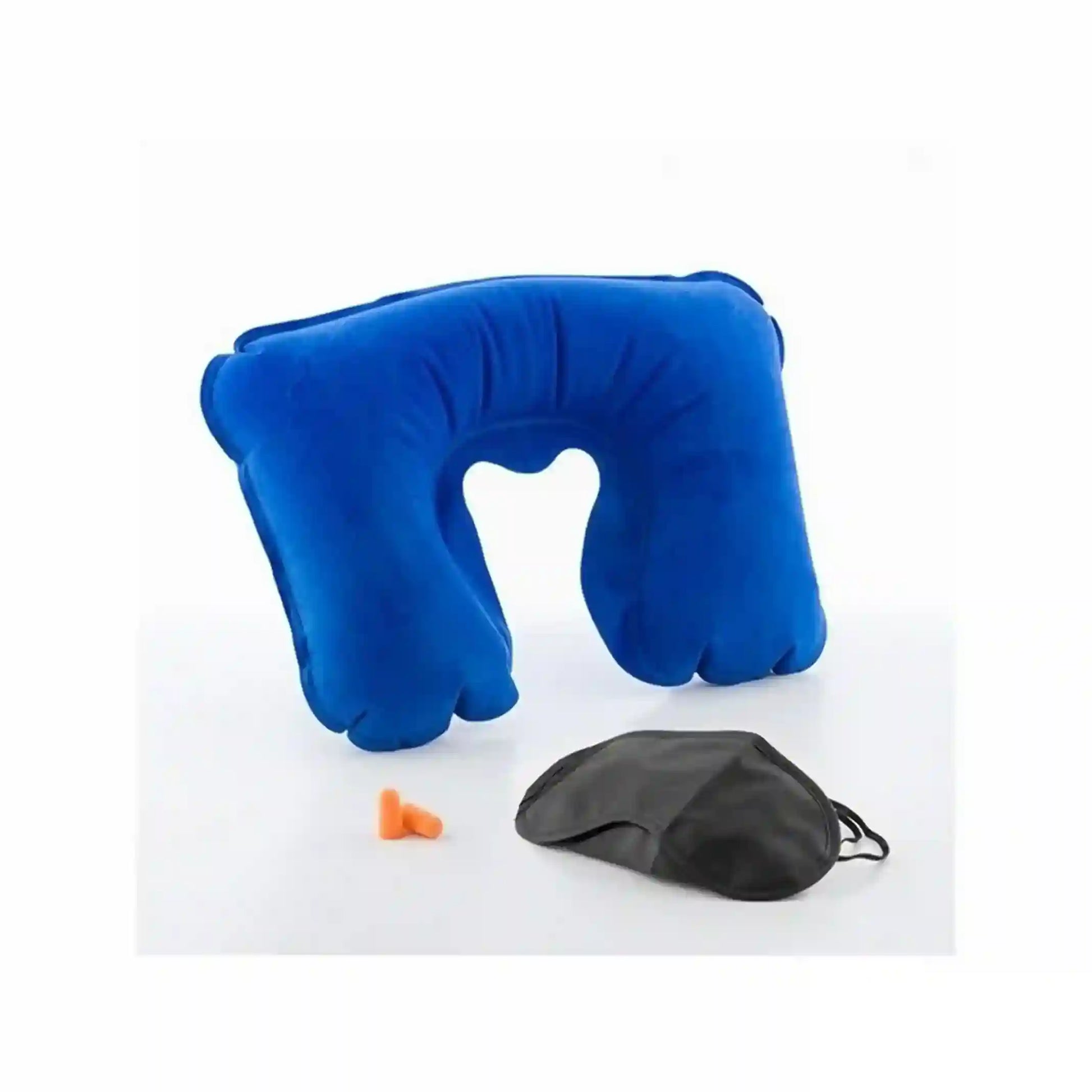 Blue inflatable travel pillow with a black eye mask and orange earplugs on a white background