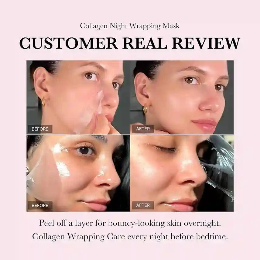 Collagen night wrapping mask customer review showing before and after effects on skin.