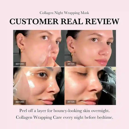 Collagen night wrapping mask customer review showing before and after effects on skin.