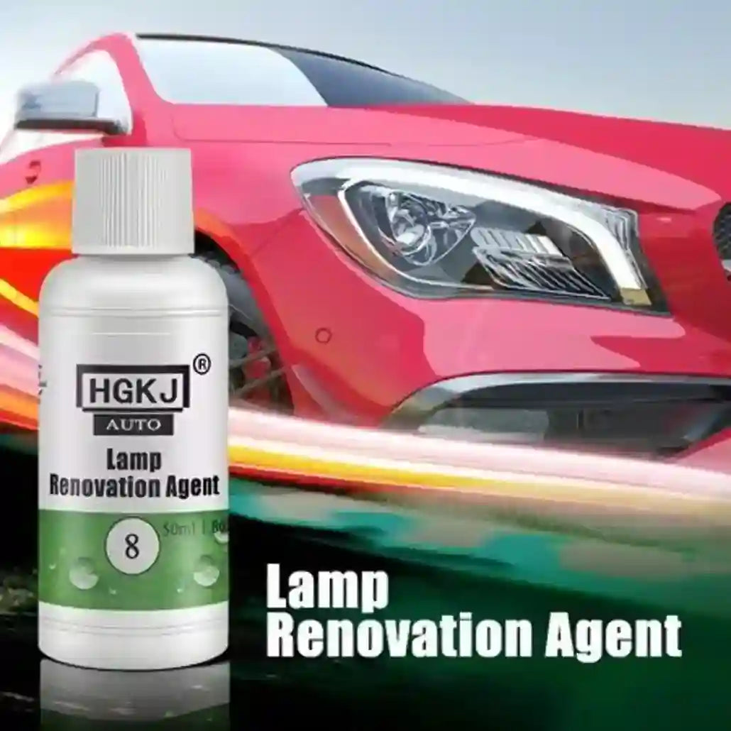 HGKJ Auto Lamp Renovation Agent bottle with a red car in the background
