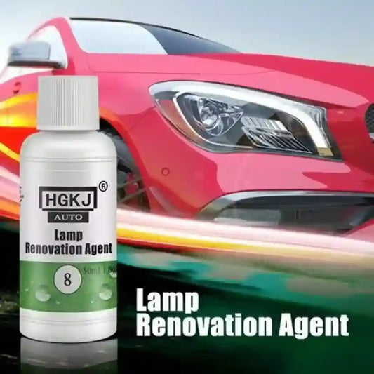 HGKJ Auto Lamp Renovation Agent bottle with a red car in the background