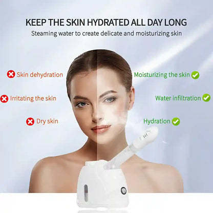 Woman using a skin hydration device with text highlighting benefits on a light gray background