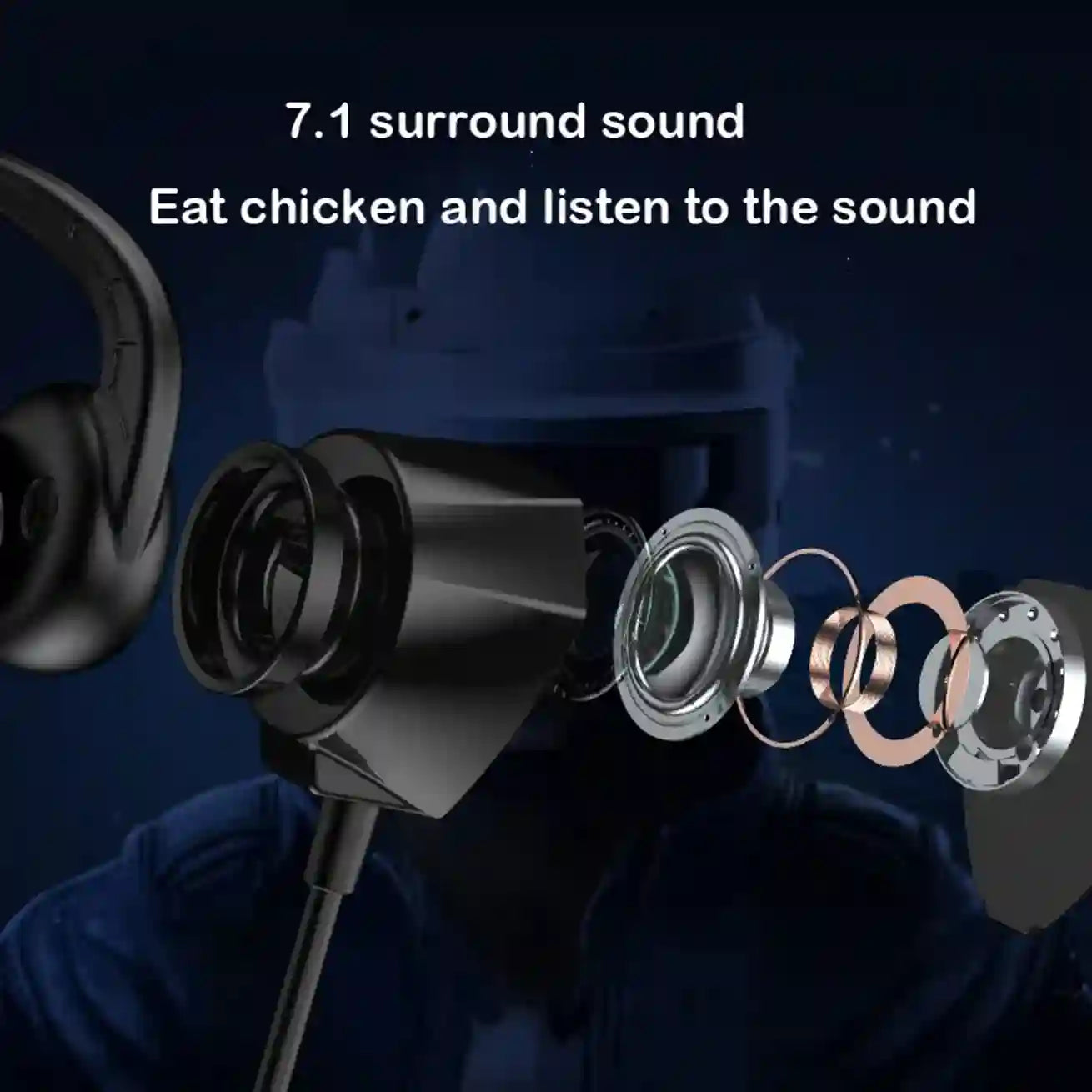 Close-up of a speaker system with text about 7.1 surround sound and a humorous suggestion to 'eat chicken and listen to the sound'.