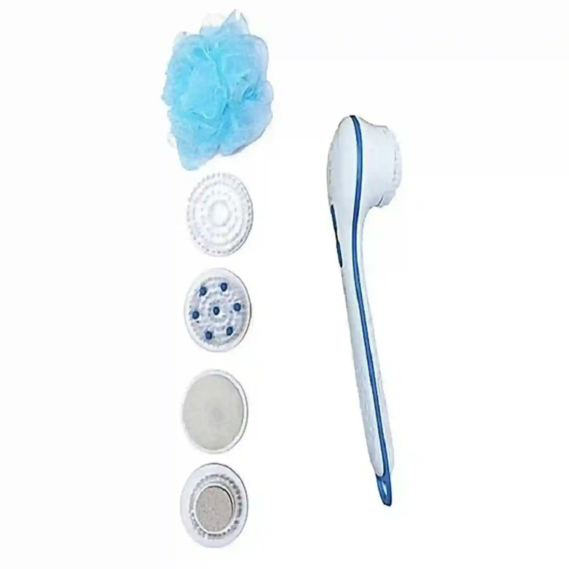 White handheld shower massager with blue accents and interchangeable heads on a white background