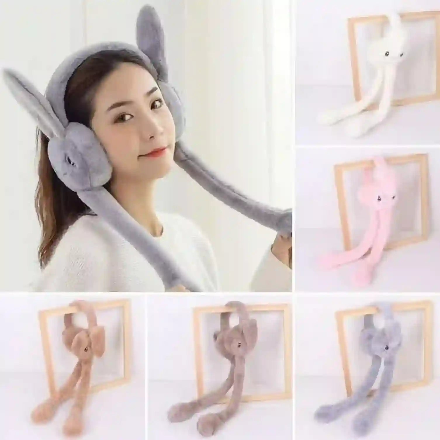 Collage of a person wearing bunny ear headbands with additional bunny toys in frames.