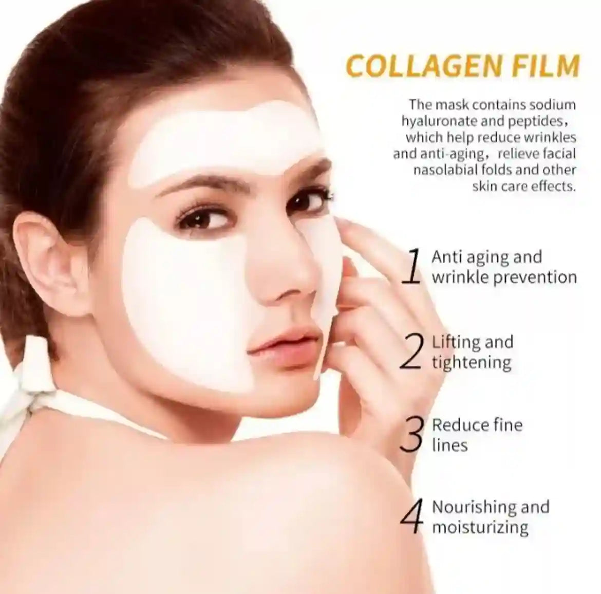 Woman applying a collagen film mask with text detailing its benefits on a white background