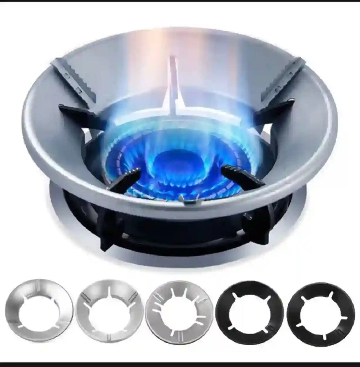 Stainless steel gas stove burner with blue flame and additional rings on a white background