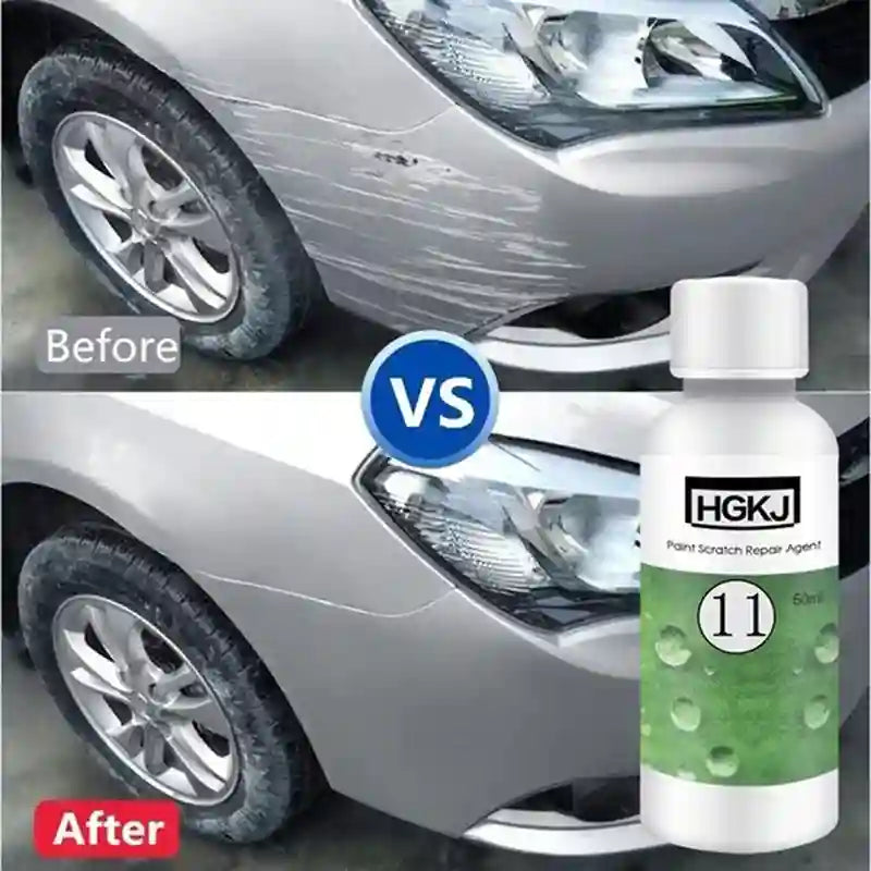 Car with paint scratch before and after treatment, showing HGKJ product.