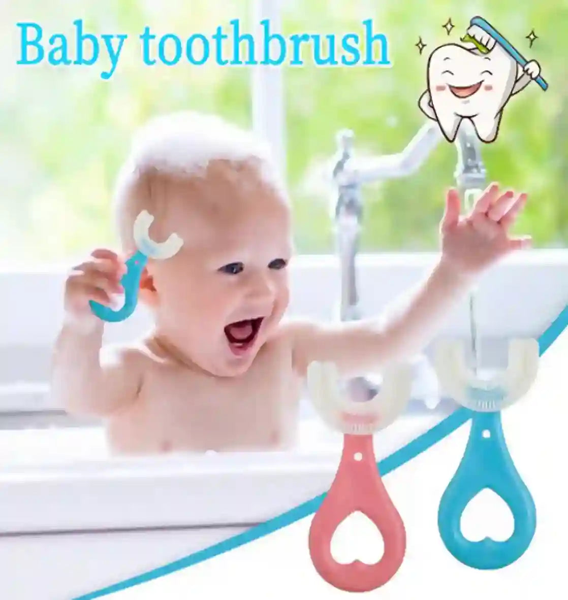 Baby with bath toys and text 'Baby toothbrush' with a cartoon tooth character.