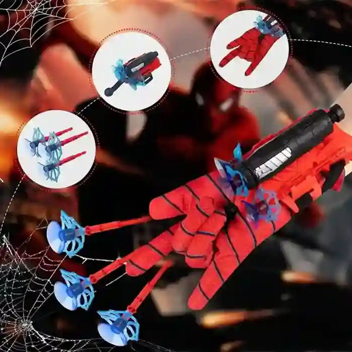 Spider-themed glove with attached gadgets on a dark background