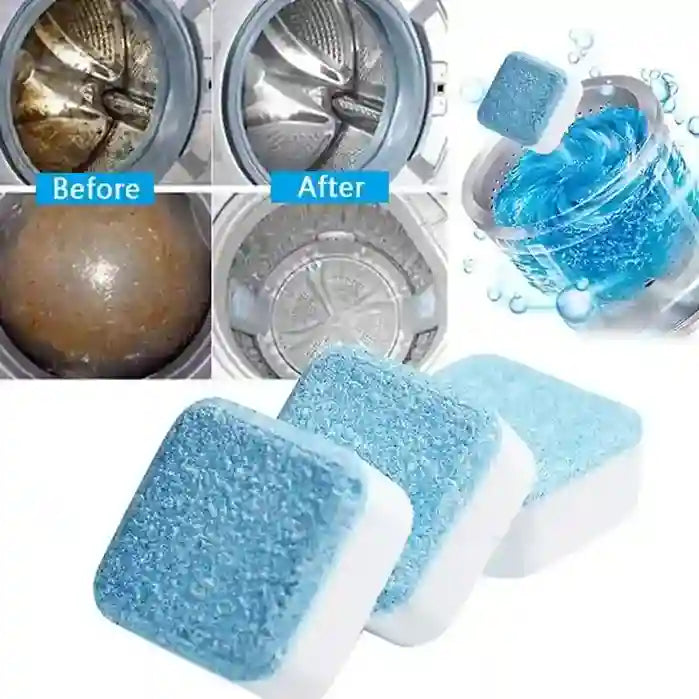 Before and after comparison of a washing machine with cleaning tablets shown.