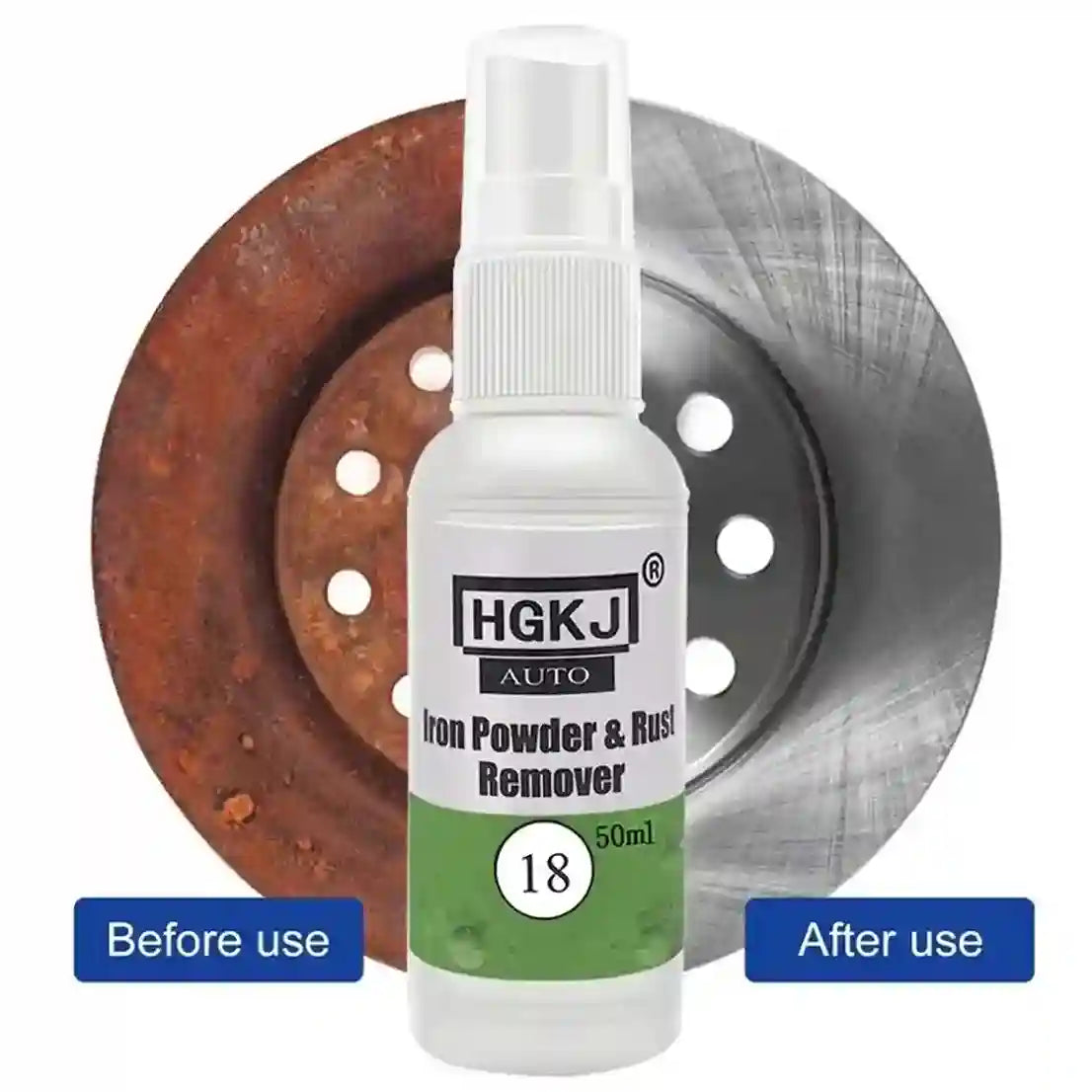 HGKJ Auto Iron Powder & Rust Remover bottle with a before and after comparison of a rusted metal surface.