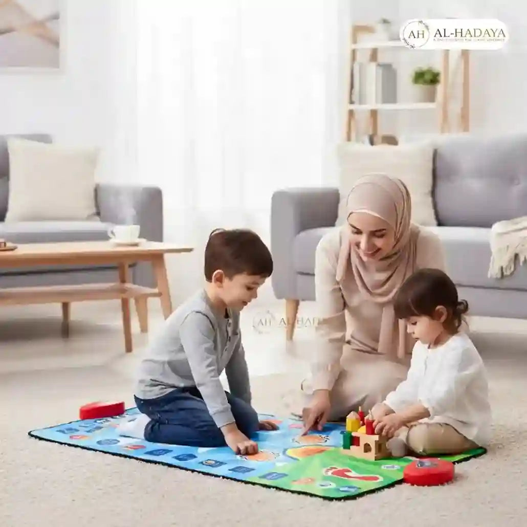 Woman and two children playing on a colorful mat in a living room.