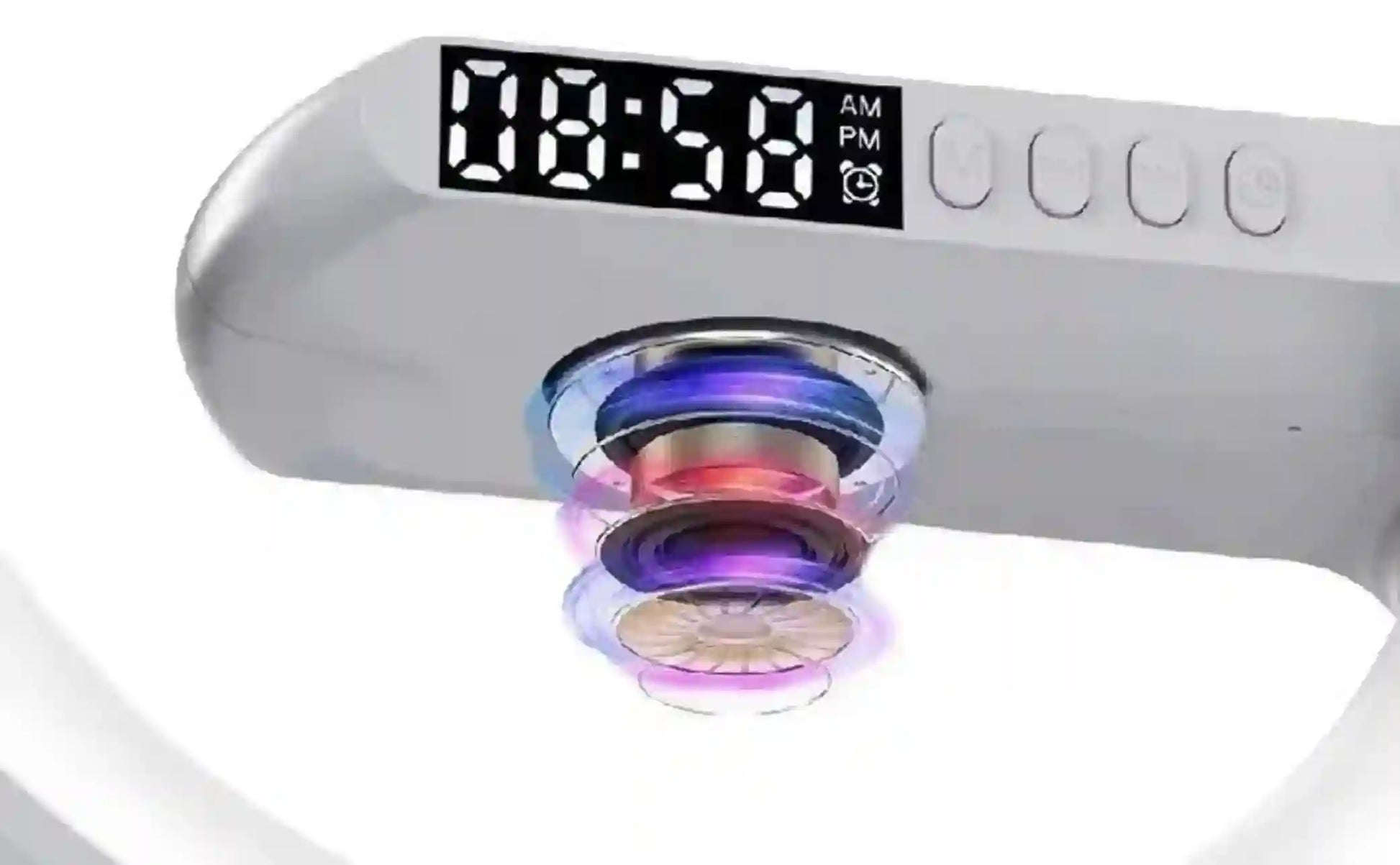 Digital clock with colorful lens attachments on a white background