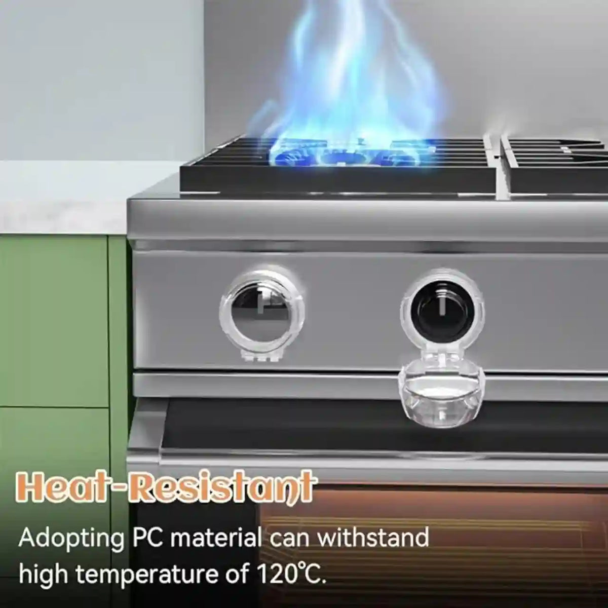 Stainless steel stove with gas burners and text about heat-resistance.