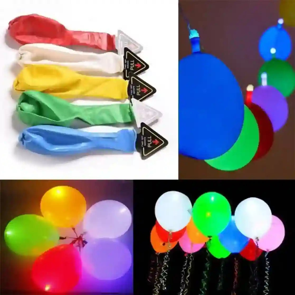 Collage of colorful balloons in various stages of inflation and with LED lights.