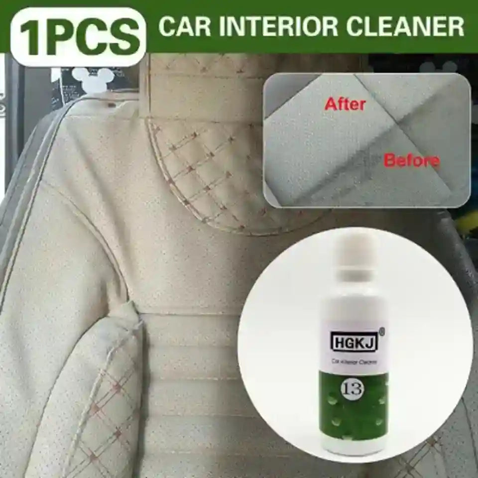 Car interior cleaner with 'Before' and 'After' comparison on car seat, featuring HGKJ brand.