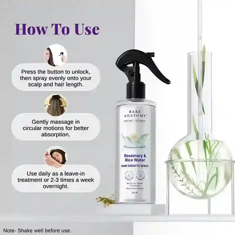 Hair growth spray bottle with usage instructions on a light gray background