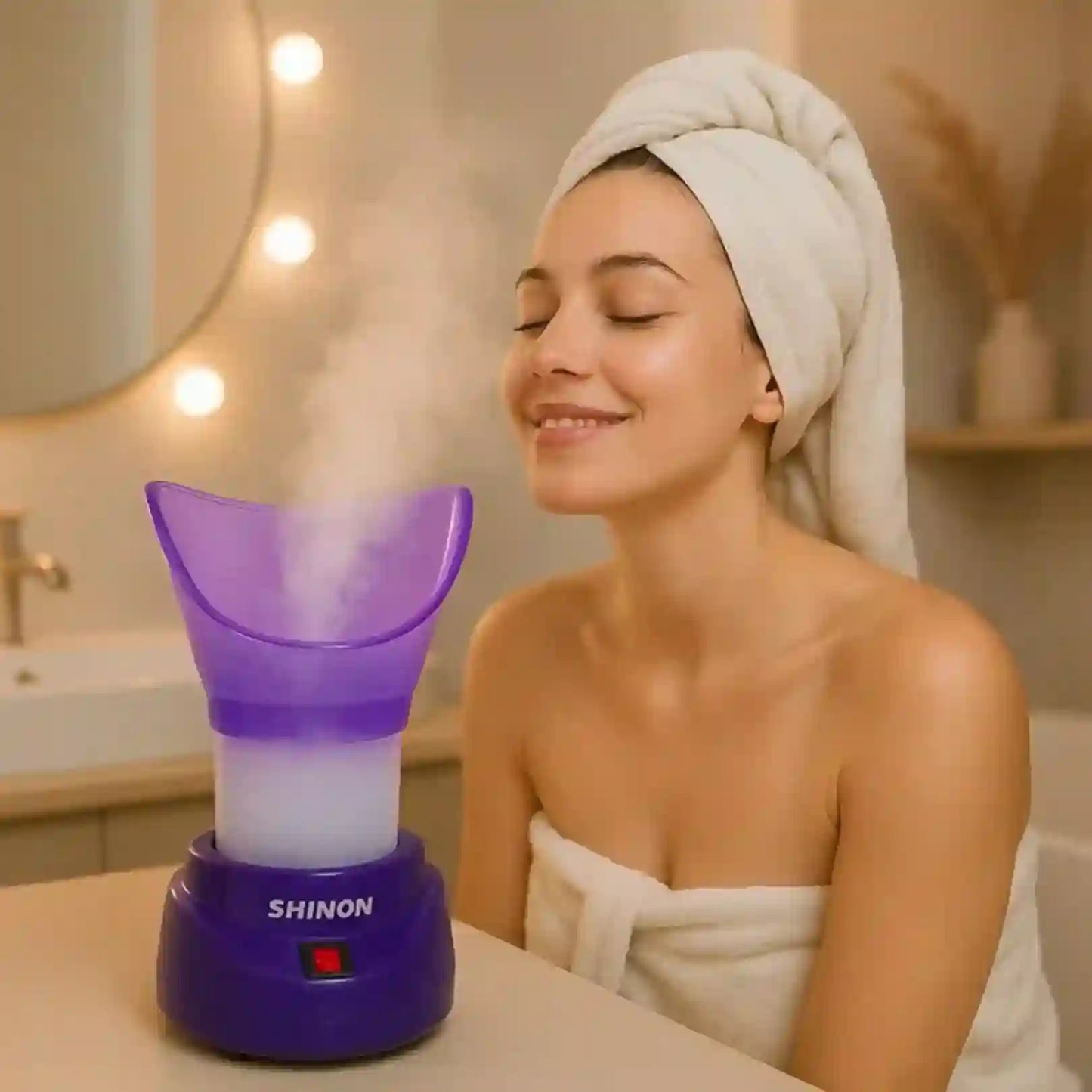Woman using a SHINON facial steamer in a bathroom setting
