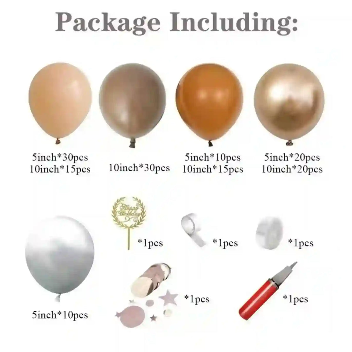 Package contents including balloons and related items on a white background