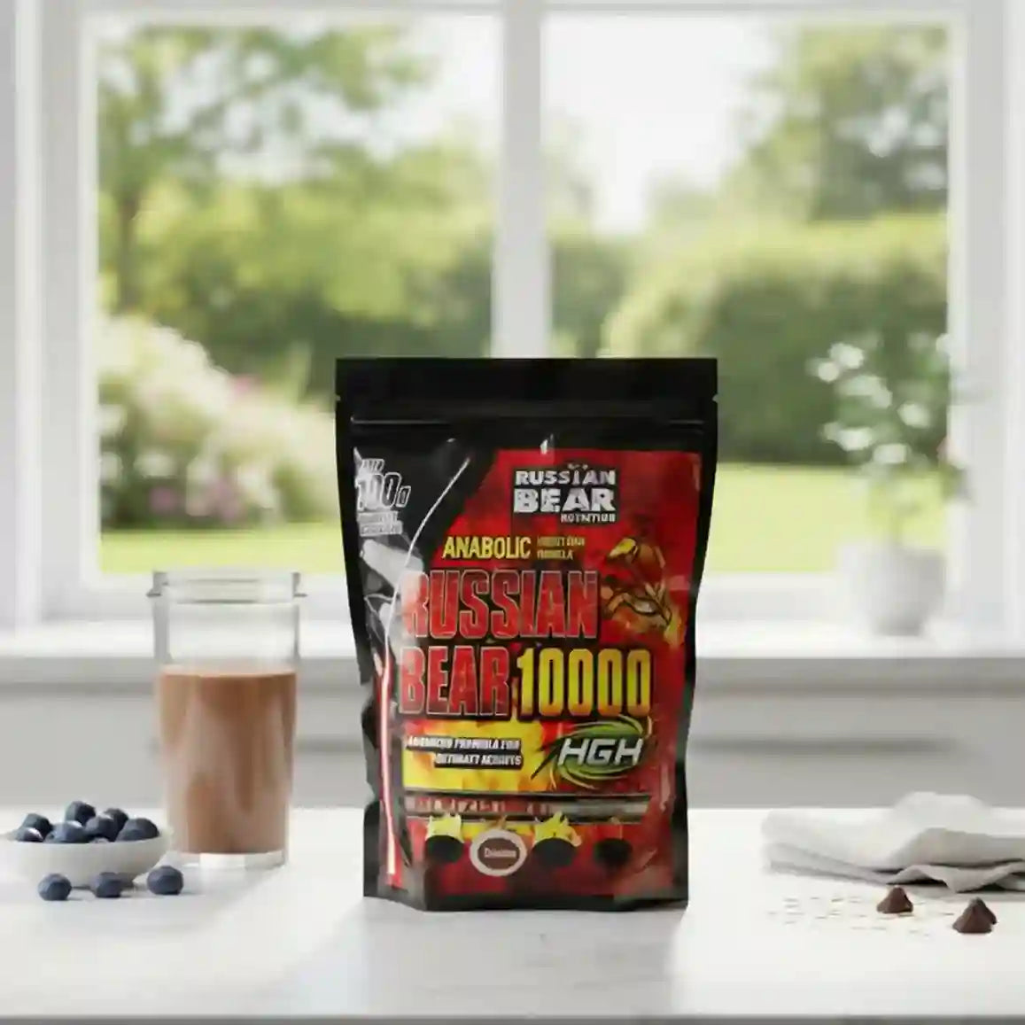 Russian Bear 10000 supplement package on a table with a window in the background