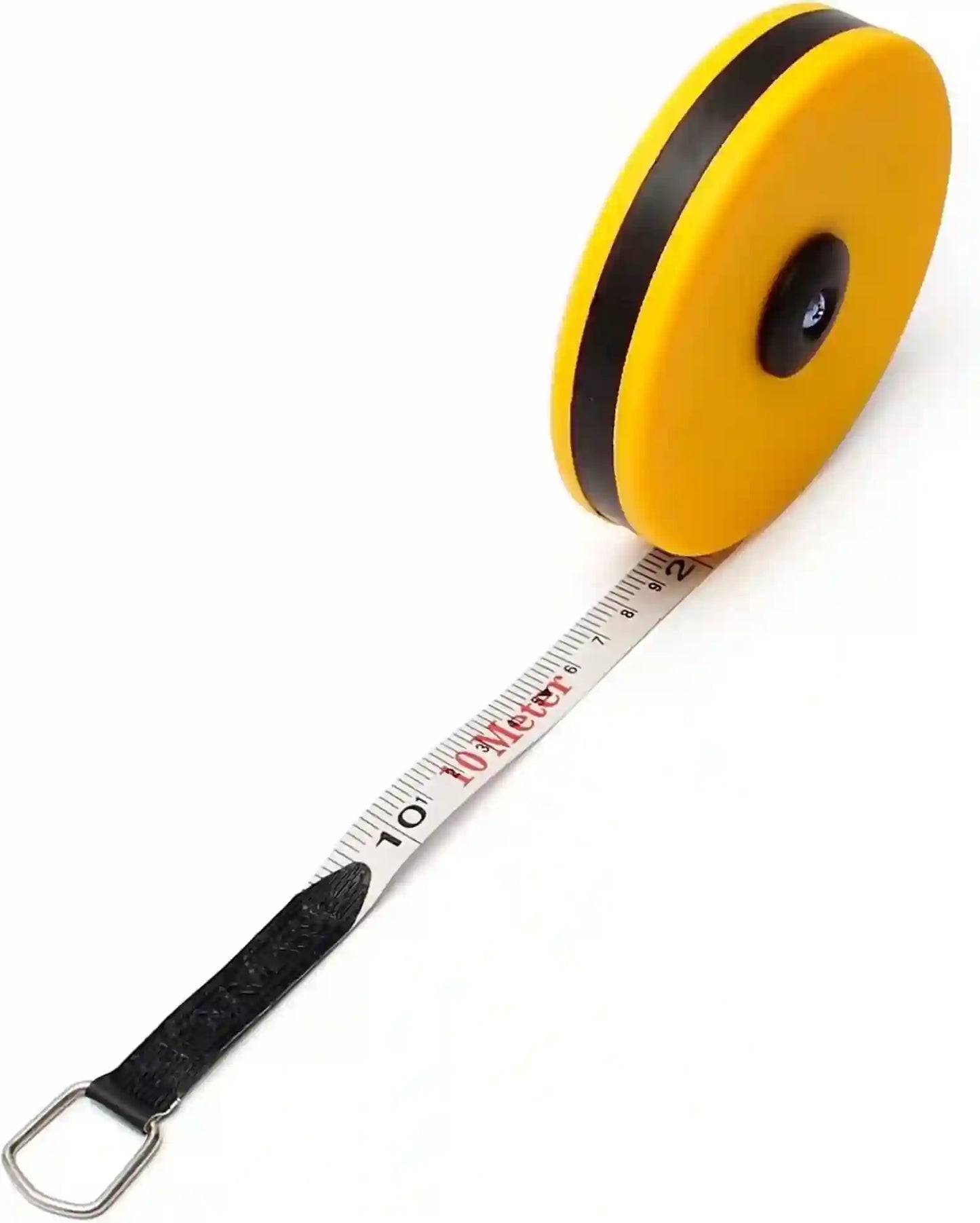 Tape measure with yellow casing and black strap on a white background