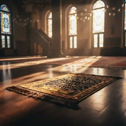 Decorative rug on a wooden floor with stained glass windows in the background