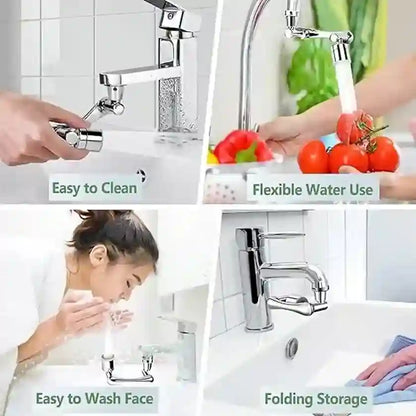 Collage of a faucet with various uses and features highlighted.