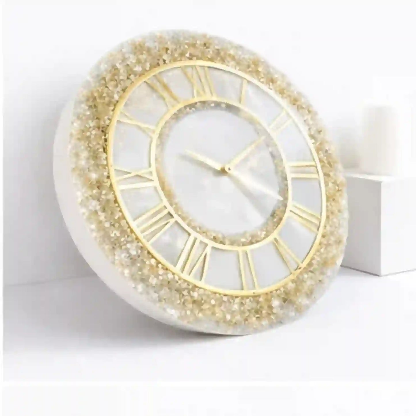 Mehmat Collection White Fire Glass Decorative wall clock with gold Roman numeral design on a white background