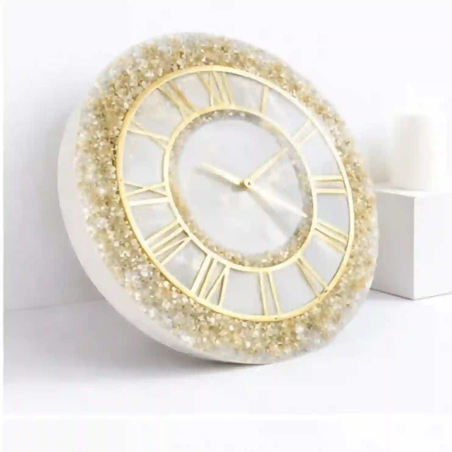 Mehmat Collection White Fire Glass Decorative wall clock with gold Roman numeral design on a white background