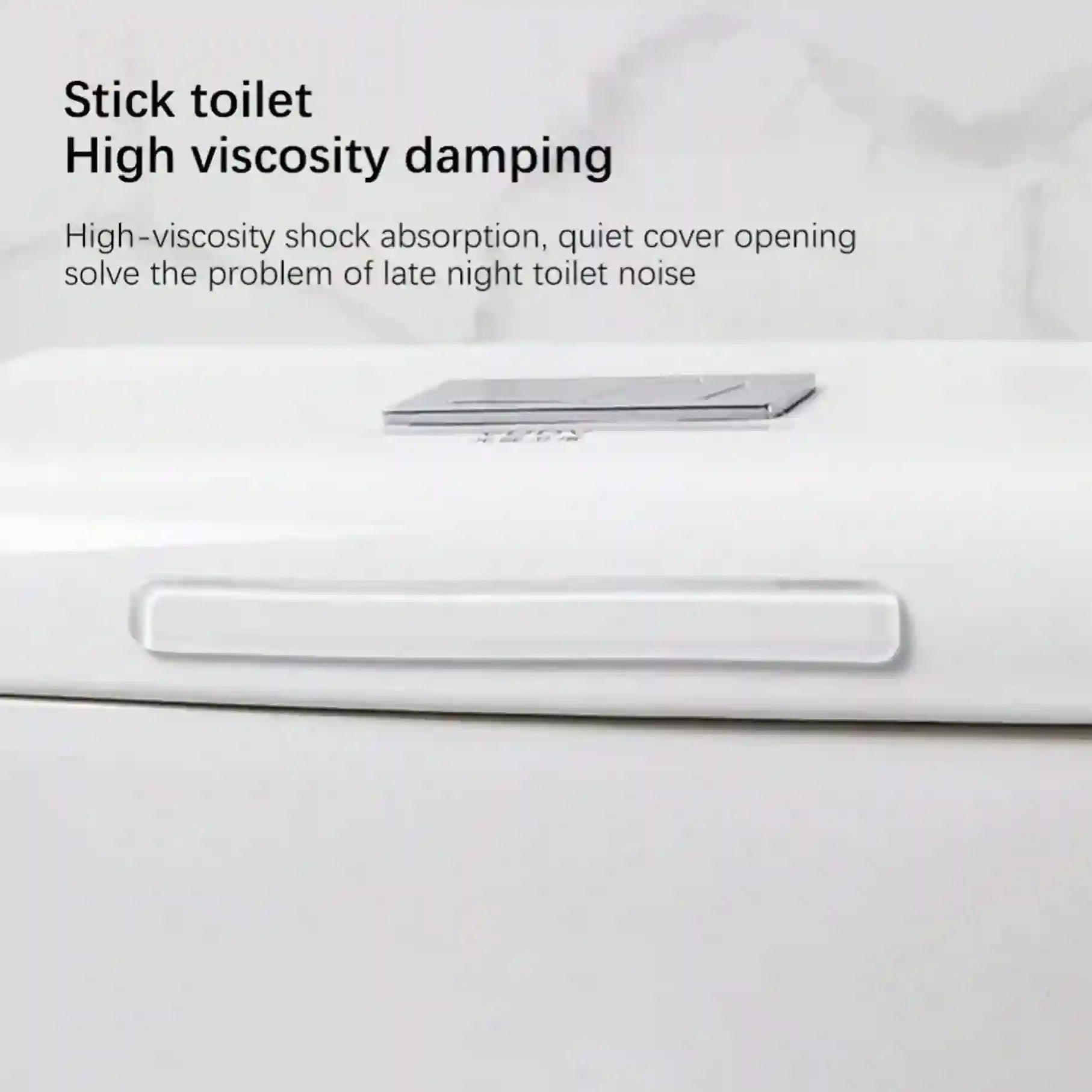 White toilet with text highlighting high-viscosity damping feature