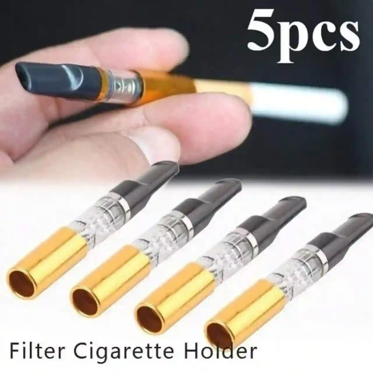 Five filter cigarette holders with gold tips held by a hand, against a blurred background.