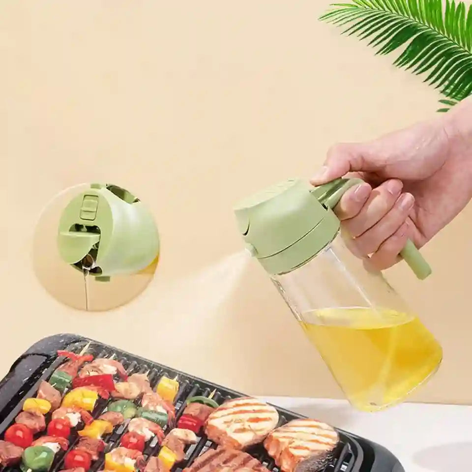 Person using a green oil sprayer over a grill with vegetables and meats.