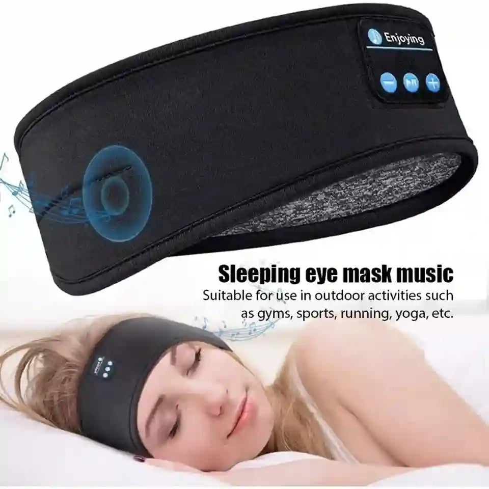 Black sleeping eye mask with Bluetooth speaker on a white background, suitable for outdoor activities.