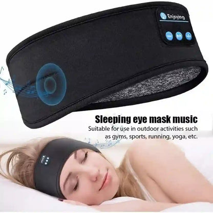 Black sleeping eye mask with Bluetooth speaker on a white background, suitable for outdoor activities.