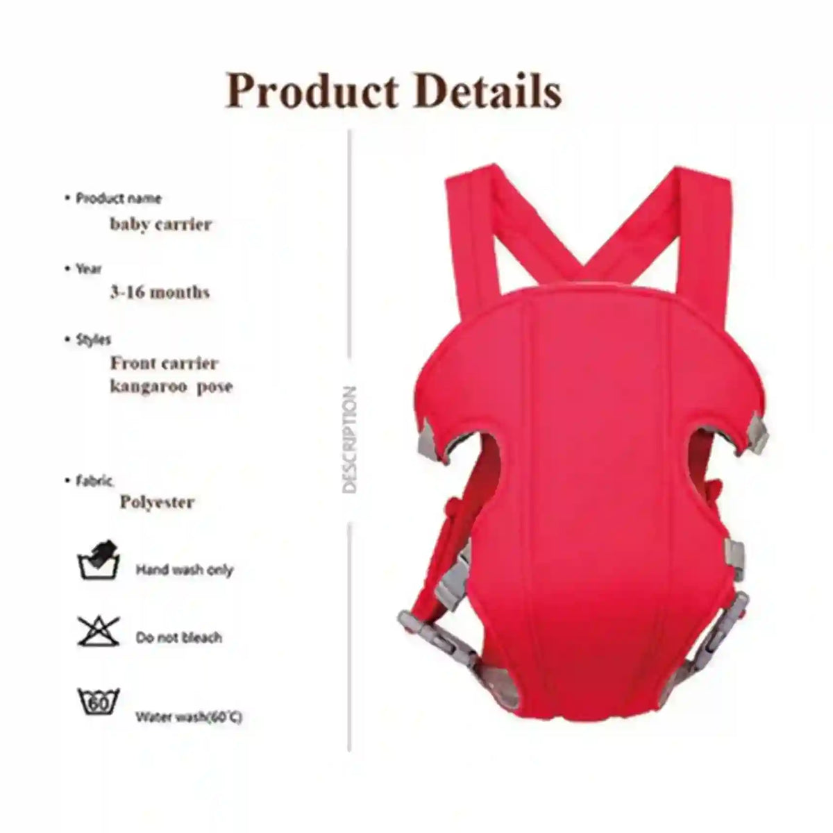 Red baby carrier with product details on a white background