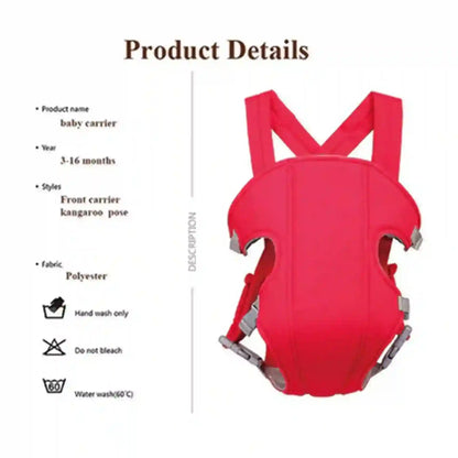 Red baby carrier with product details on a white background