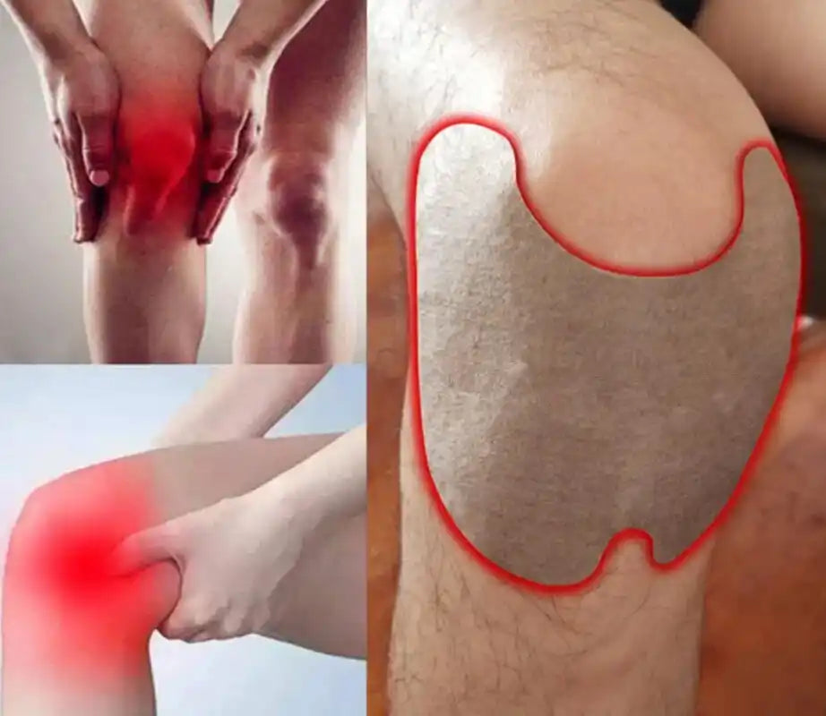 Illustration of a person holding their knee in pain with a red dot indicating the area of discomfort, and a close-up of a patch on a knee.