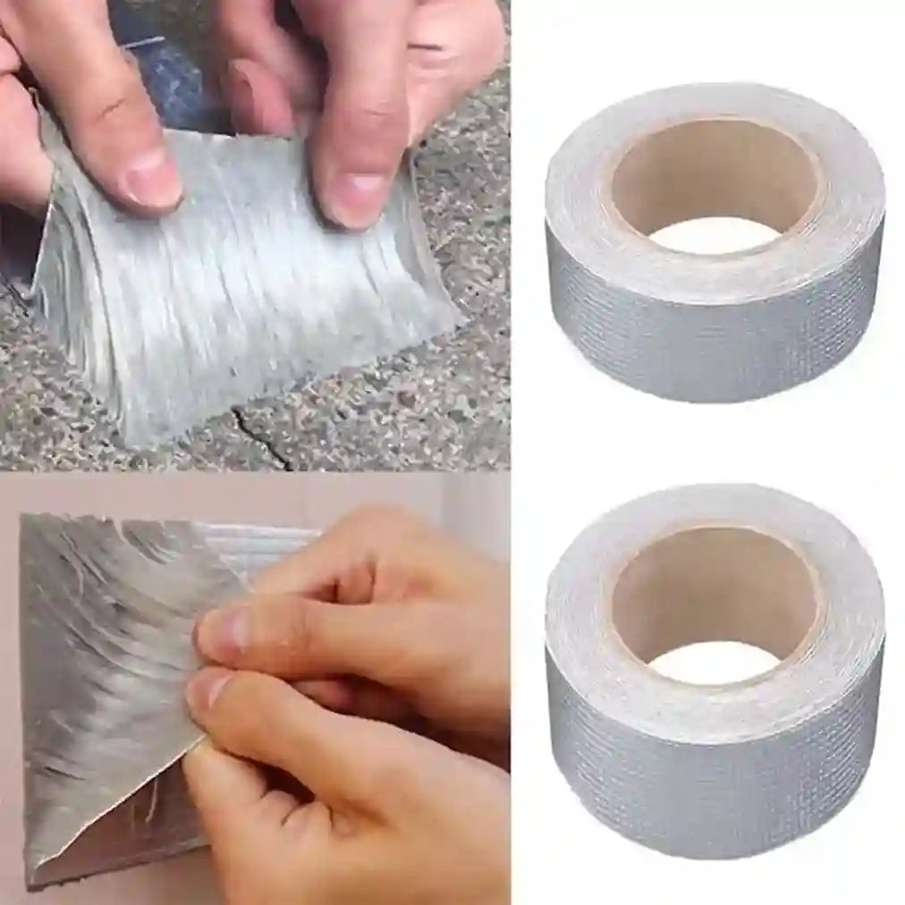 Silver duct tape being applied to a surface with close-up shots of the tape and hands.