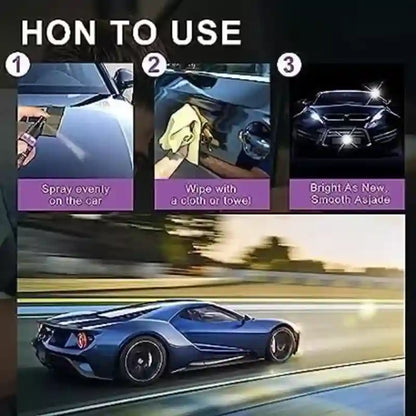 Step-by-step guide on how to use a car care product with a blue sports car at the bottom.