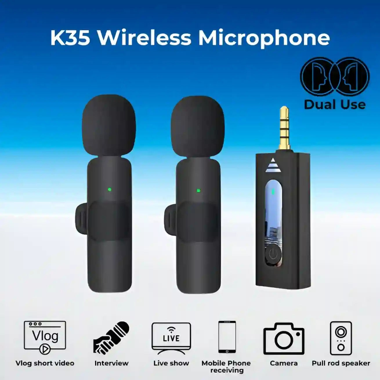 K35 Wireless Microphone set with receiver on a blue gradient background