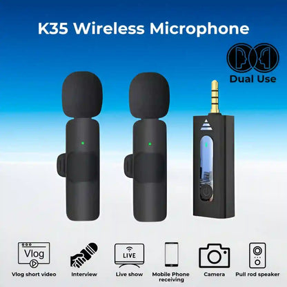 K35 Wireless Microphone set with receiver on a blue gradient background
