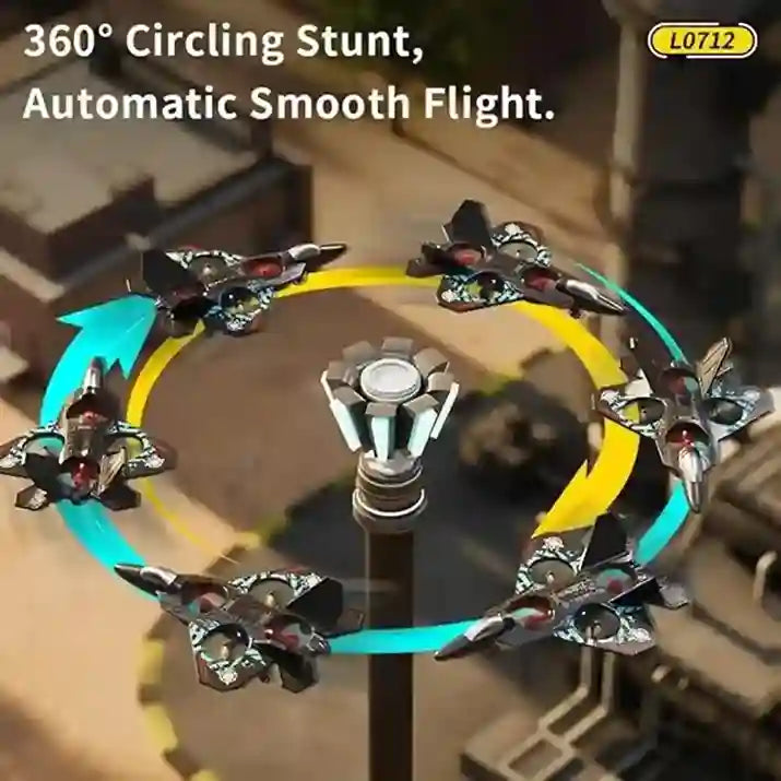Circular drone with rotating blades on a stand, labeled '360° Circling Stunt, Automatic Smooth Flight'.