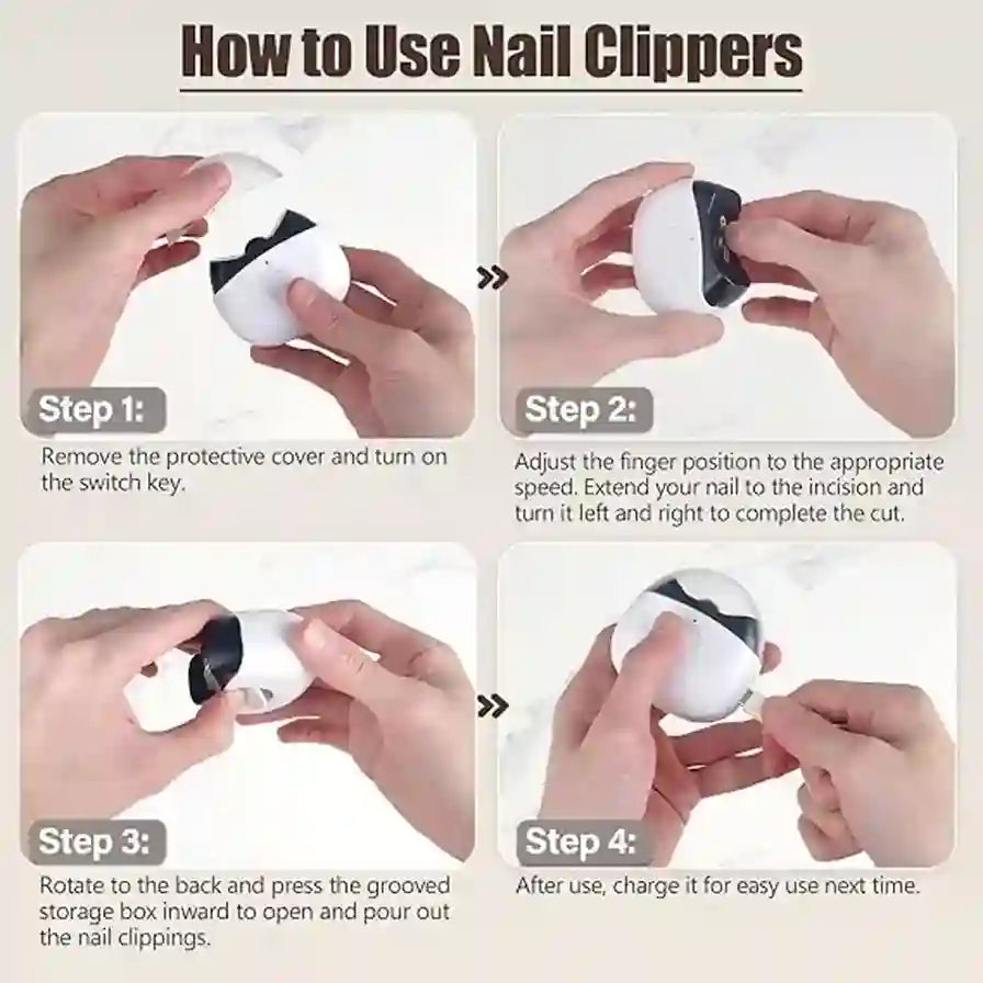 Step-by-step guide on how to use nail clippers with images of hands performing each step.