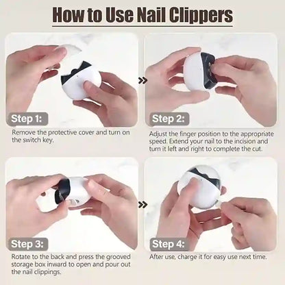 Step-by-step guide on how to use nail clippers with images of hands performing each step.
